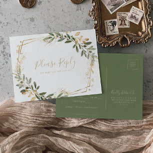 Geometric Gold Greenery Menu Choice RSVP Postcard
