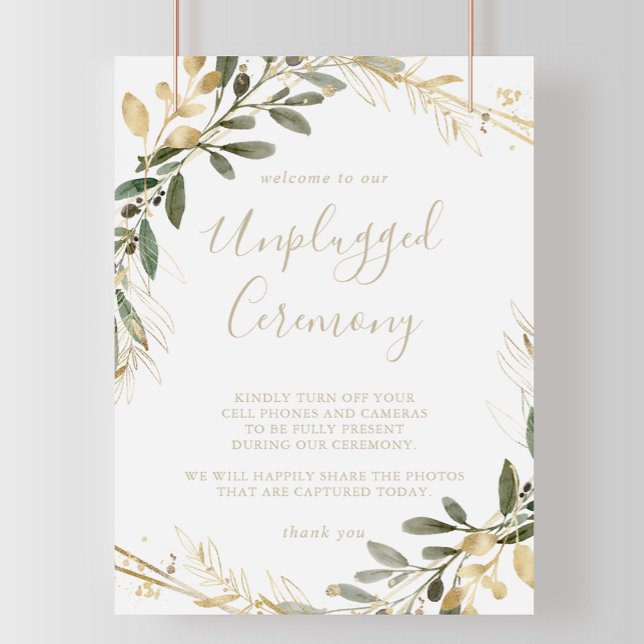 Geometric Gold Greenery Unplugged Ceremony Sign (Creator Uploaded)