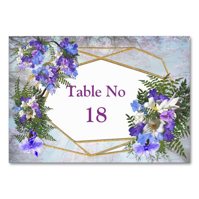 Geometric Gold & Jacaranda Flowers Theme Table Number (Front)