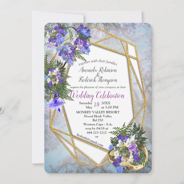 Geometric Gold & Jacaranda Flowers Wedding Invitation (Front)