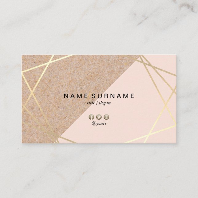 Geometric Gold Kraft Printed Light Pastel Pink Business Card (Front)