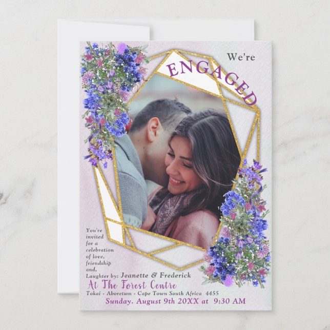 Geometric Gold & Lavender Flowers Engagement Invitation (Front)