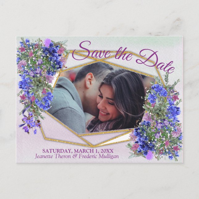 Geometric Gold & Lavender Flowers Save the Date Announcement Postcard (Front)