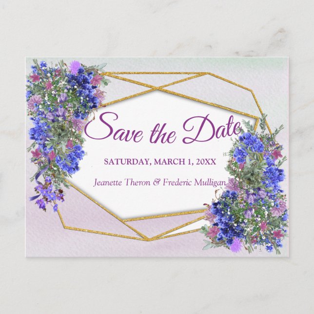 Geometric Gold & Lavender Flowers Save the Date Announcement Postcard (Front)