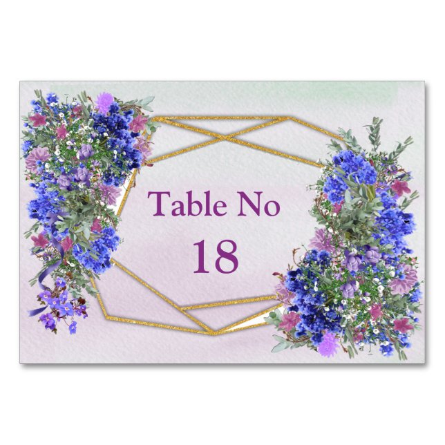 Geometric Gold & Lavender Flowers Theme Table Number (Front)