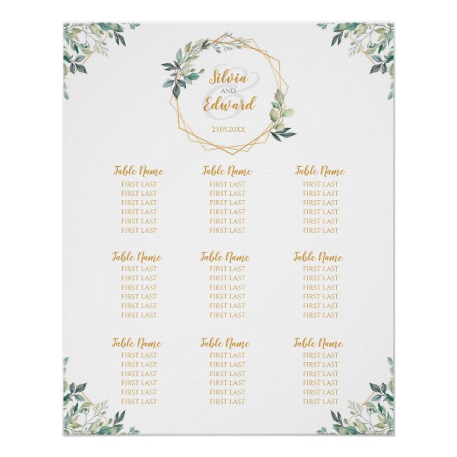 Geometric Gold Leaf Wedding Seating Chart (Front)