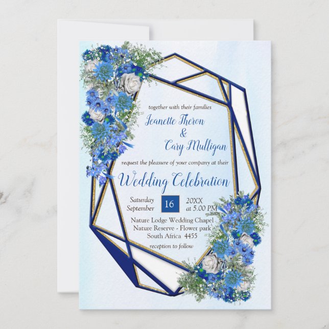 Geometric Gold-Navy Corn Flowers Invitation (Front)