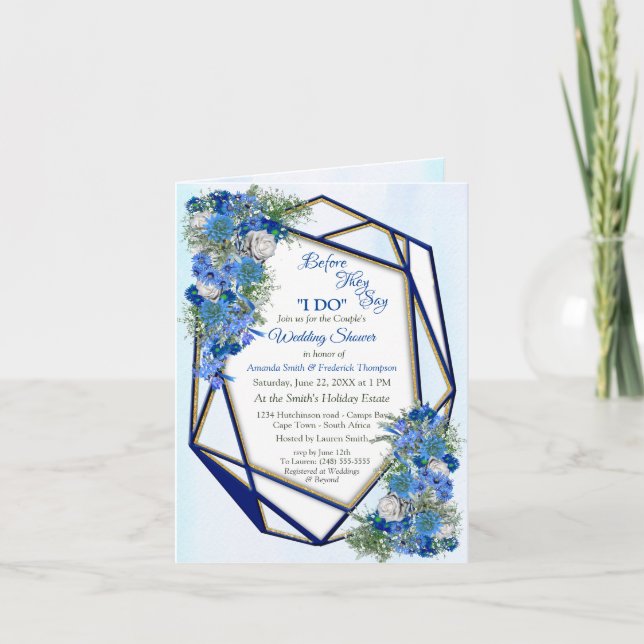 Geometric Gold-Navy frames & blue Flowers Couple Invitation (Front)