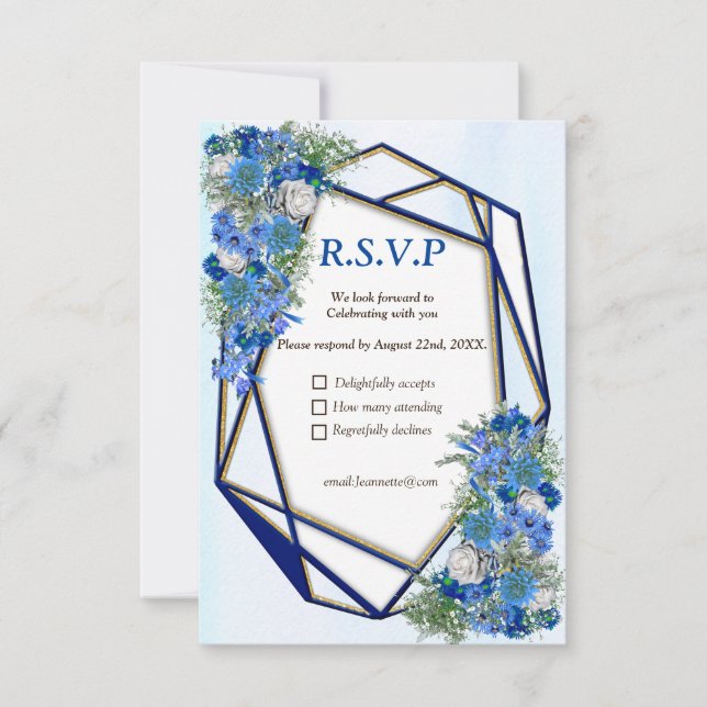 Geometric Gold-Navy  frames & Corn Flowers RSVP Card (Front)