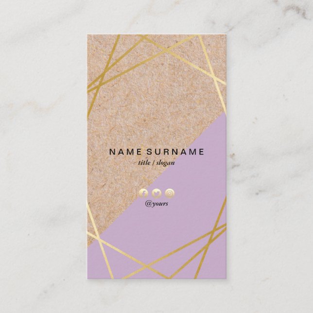 Geometric Gold Pattern Kraft Print Purple Vertical Business Card (Front)