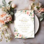 geometric gold pink blush floral rehearsal dinner invitation<br><div class="desc">A lovely modern design with an elegant faux gold geometric frame encircling text and beautiful watercolor pink blush flowers. A perfect theme for the spring and summer wedding. The gold text and colours on this rehearsal dinner invitation template can be personalised.</div>