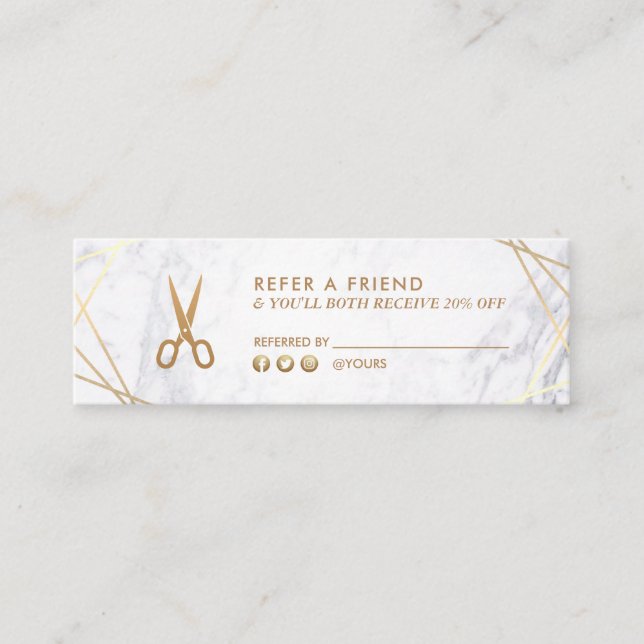 Geometric Gold Scissors Marble Hair Stylist Refer Mini Business Card (Front)