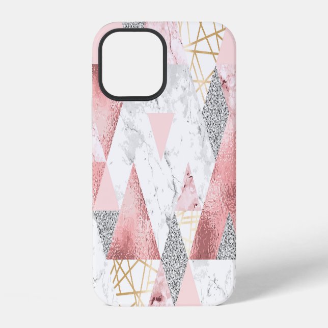 Geometric gold silver triangles, marble pattern. iPhone case (Back)
