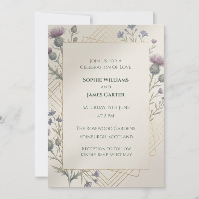 Geometric Gold Thistle Botanical Scottish Wedding  Invitation (Front)