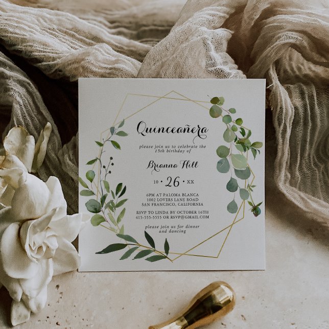 Geometric Gold Tropical Calligraphy Quinceañera Invitation (Creator Uploaded)