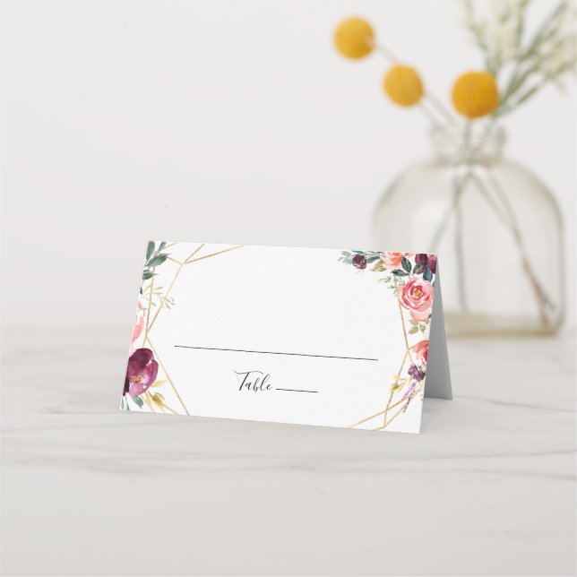 Geometric Gold Tropical Colourful Floral Wedding Place Card (Front)