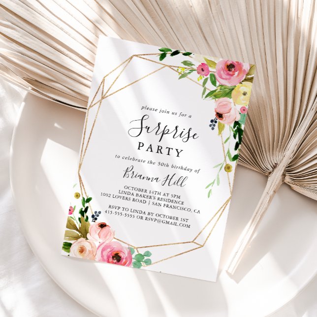 Geometric Gold Tropical Fall Floral Surprise Party Invitation (Creator Uploaded)