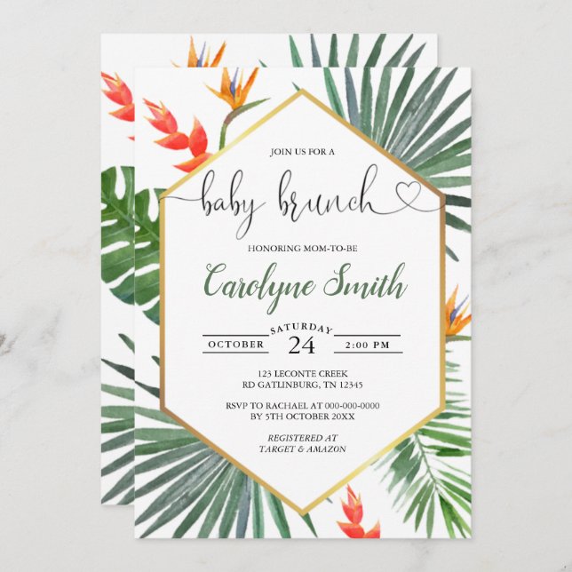Geometric Gold Tropical Gender Neutral Baby Brunch Invitation (Front/Back)