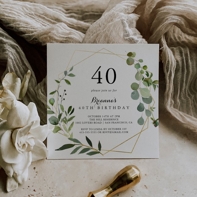 Geometric Gold Tropical Green 40th Birthday Party Invitation (Creator Uploaded)
