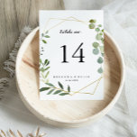 Geometric Gold Tropical Green Calligraphy Wedding Table Number<br><div class="desc">This geometric gold tropical green calligraphy wedding table number is perfect for a modern wedding. The design features hand-painted beautiful green leaves,  adorning a gold geometric frame.

This is a double sided table number. Add each table number you need to your cart individually.</div>