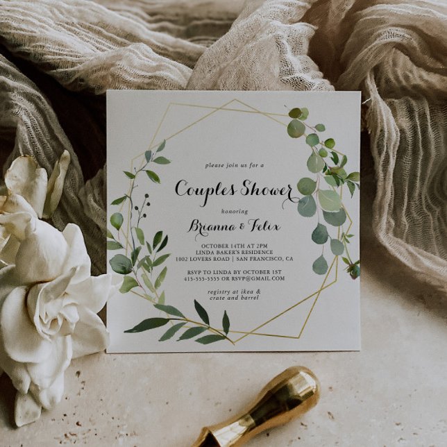 Geometric Gold Tropical Green Couples Shower Invitation (Creator Uploaded)