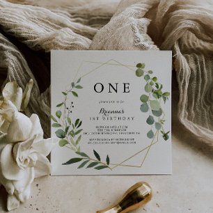 Geometric Gold Tropical Green First Birthday Party Invitation