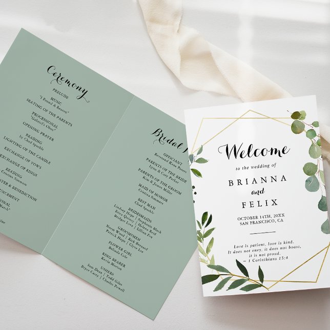 Geometric Gold Tropical Green Folded Wedding Programme (Creator Uploaded)