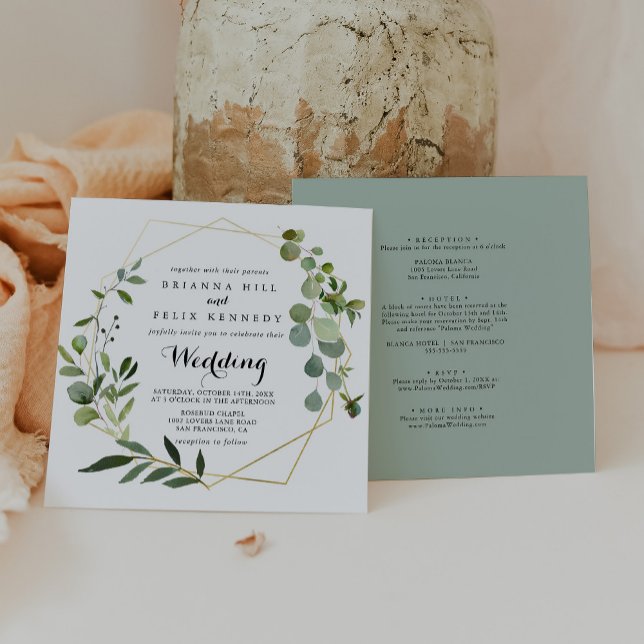 Geometric Gold Tropical Green Front & Back Wedding Invitation (Creator Uploaded)