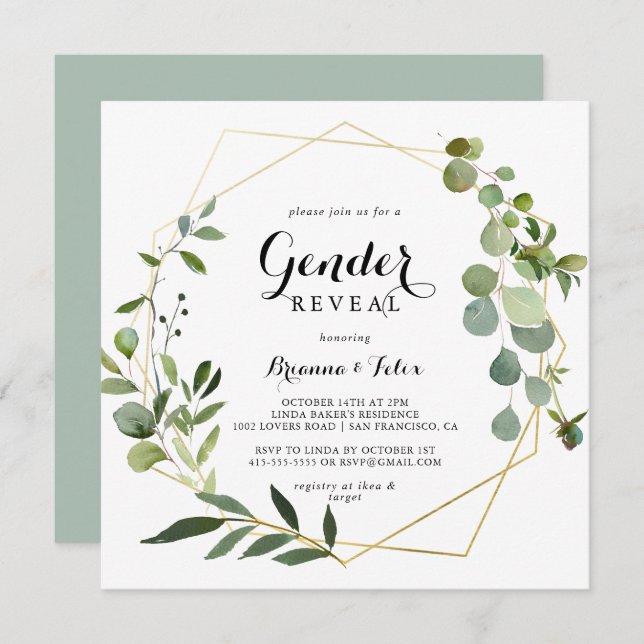 Geometric Gold Tropical Green Gender Reveal Party Invitation (Front/Back)