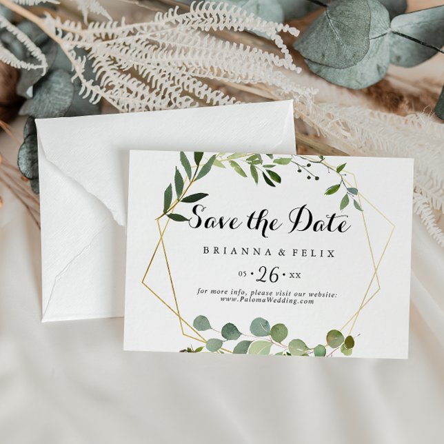 Geometric Gold Tropical Green Horizontal Wedding Save The Date (Creator Uploaded)