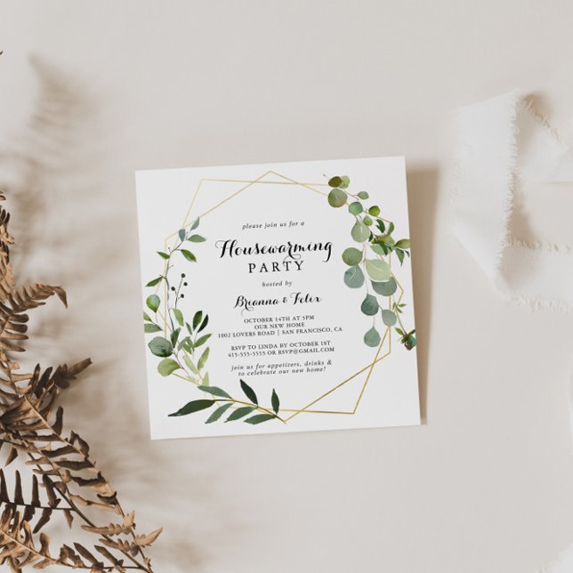 Geometric Gold Tropical Green Housewarming Party Invitation (Creator Uploaded)