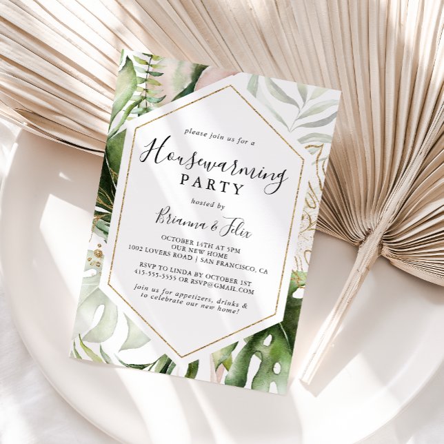 Geometric Gold Tropical Green Housewarming Party Invitation (Creator Uploaded)