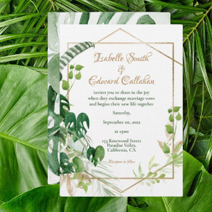 Geometric Gold Tropical Green Monstera Leaves Invitation