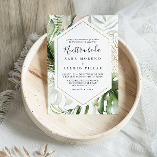 Geometric Gold Tropical Green Nuestra Boda Wedding Invitation