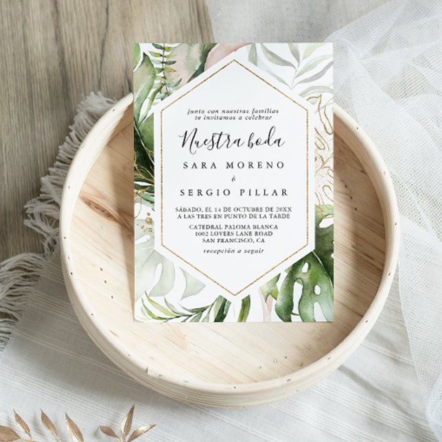 Geometric Gold Tropical Green Nuestra Boda Wedding Invitation (Creator Uploaded)