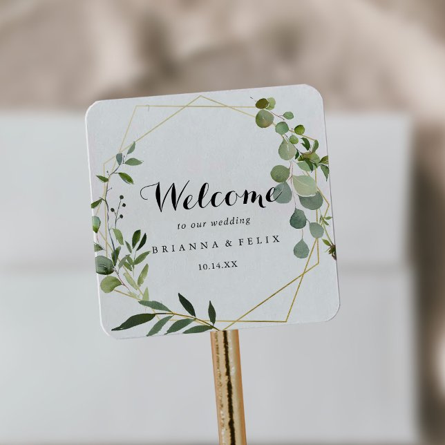 Geometric Gold Tropical Green Wedding Welcome Square Sticker (Creator Uploaded)