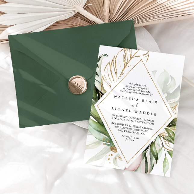 Geometric Gold Tropical Greenery Diamond Wedding Invitation (Creator Uploaded)