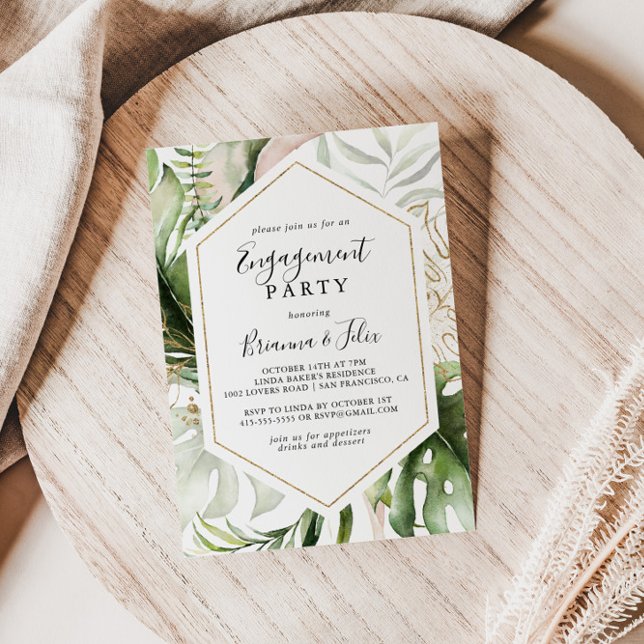Geometric Gold Tropical Greenery Engagement Party Invitation (Creator Uploaded)