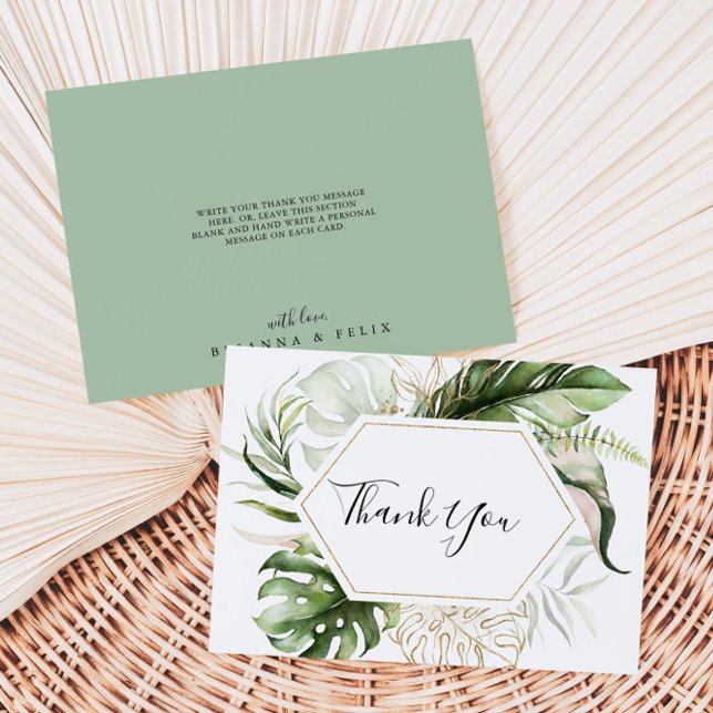 Geometric Gold Tropical Greenery Flat Wedding Thank You Card (Creator Uploaded)