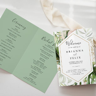Geometric Gold Tropical Greenery Folded Wedding Programme