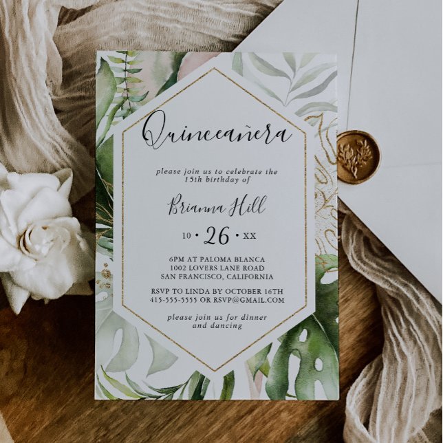 Geometric Gold Tropical Greenery Quinceañera Invitation (Creator Uploaded)