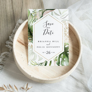 Geometric Gold Tropical Greenery Save the Date Postcard