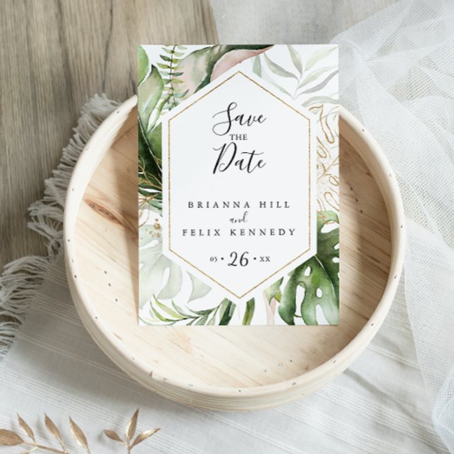 Geometric Gold Tropical Greenery Save the Date Postcard (Creator Uploaded)