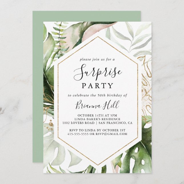 Geometric Gold Tropical Greenery Surprise Party Invitation (Front/Back)