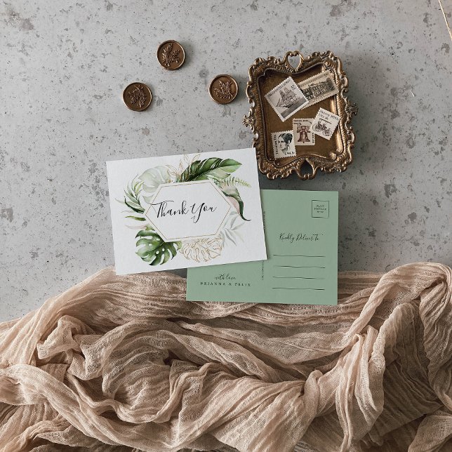 Geometric Gold Tropical Greenery Thank You Postcard (Creator Uploaded)