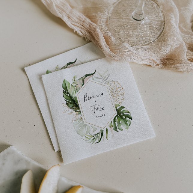 Geometric Gold Tropical Greenery Wedding Napkin (Creator Uploaded)