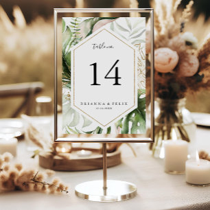 Geometric Gold Tropical Greenery Wedding Table Number