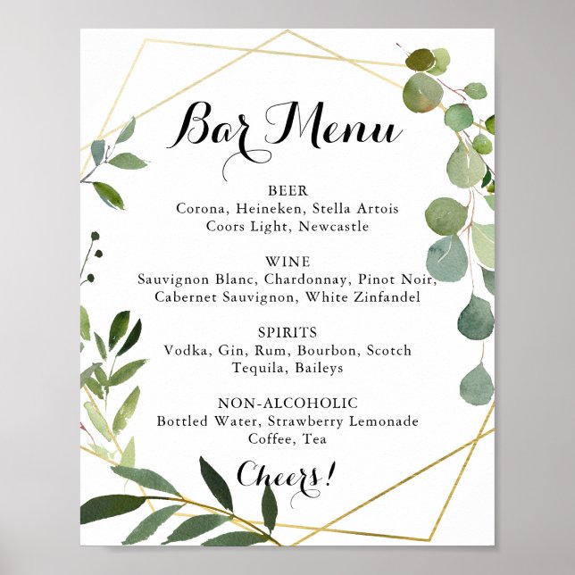 Geometric Gold Tropical Wedding Bar Menu Sign (Front)