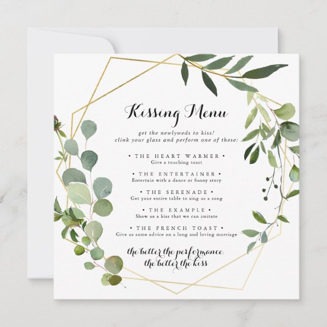 Geometric Gold Wedding Kissing Menu Game Card (Front)