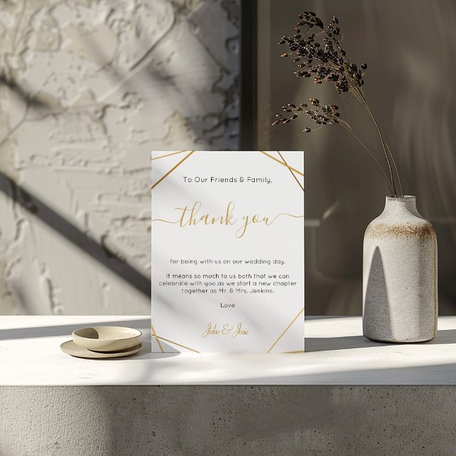Geometric gold Wedding thank you Table Card (Wedding reception thank you Table Card with gold geometric frame)
